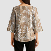 Beige Hawaii Tapa Pattern Kimono Sleeve Blouse With Heliconia Vintage Style