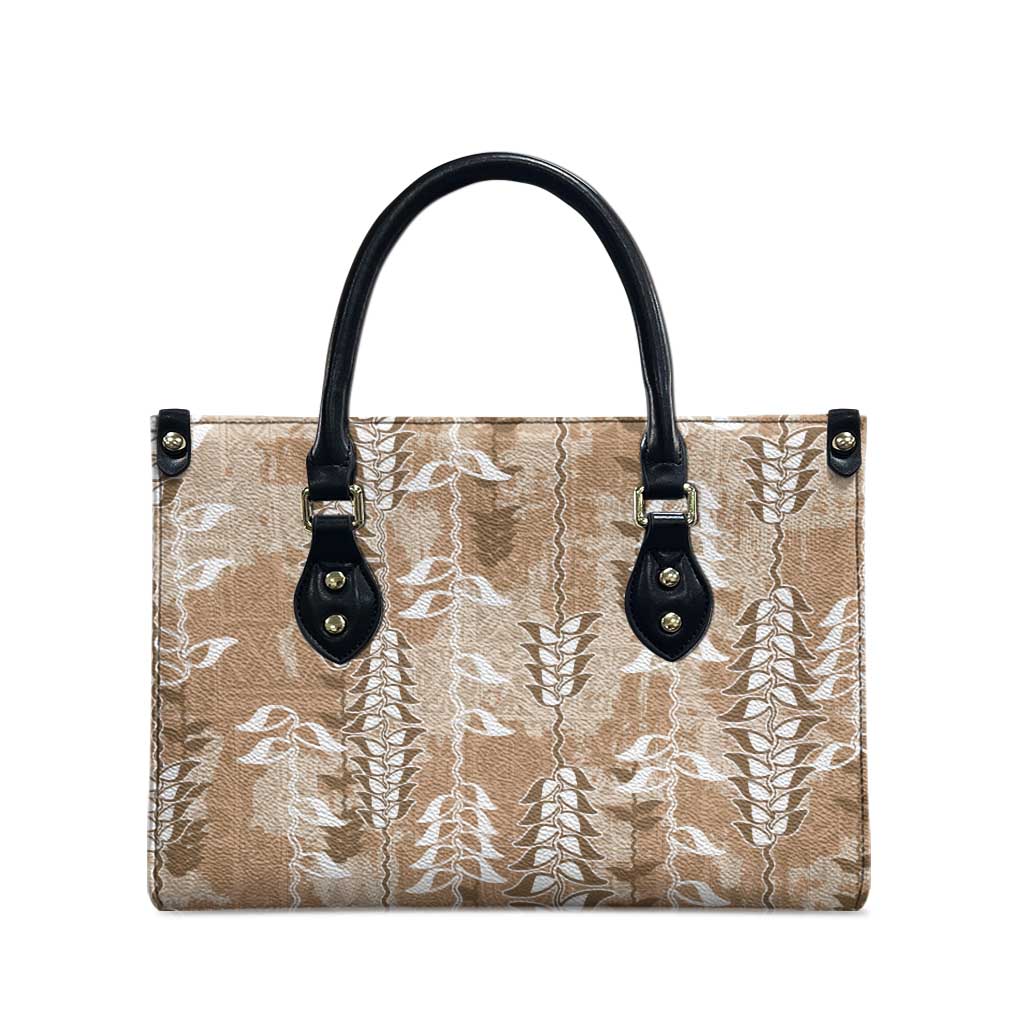 Beige Hawaii Tapa Pattern Leather Bag With Heliconia Vintage Style