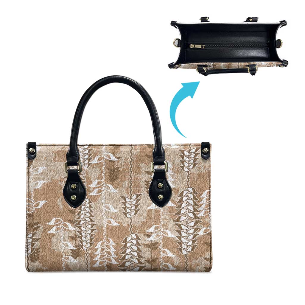 Beige Hawaii Tapa Pattern Leather Bag With Heliconia Vintage Style