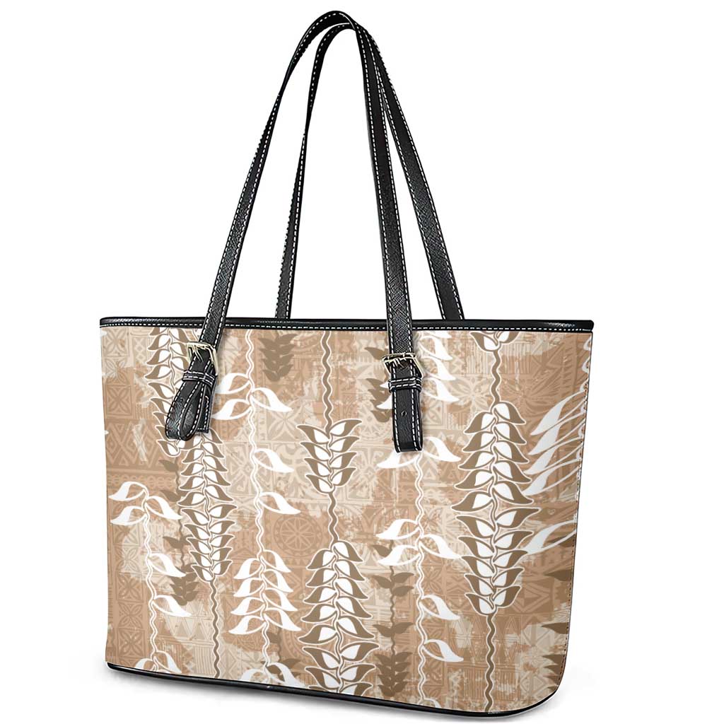 Beige Hawaii Tapa Pattern Leather Tote Bag With Heliconia Vintage Style