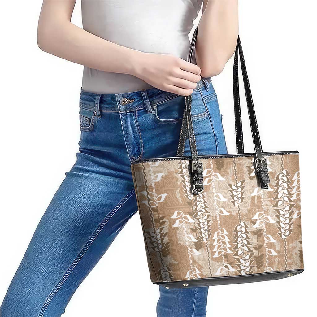 Beige Hawaii Tapa Pattern Leather Tote Bag With Heliconia Vintage Style