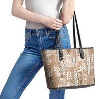 Beige Hawaii Tapa Pattern Leather Tote Bag With Heliconia Vintage Style