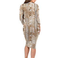 Beige Hawaii Tapa Pattern Long Sleeve Bodycon Dress With Heliconia Vintage Style