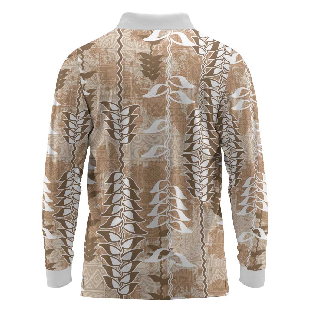Beige Hawaii Tapa Pattern Long Sleeve Polo Shirt With Heliconia Vintage Style