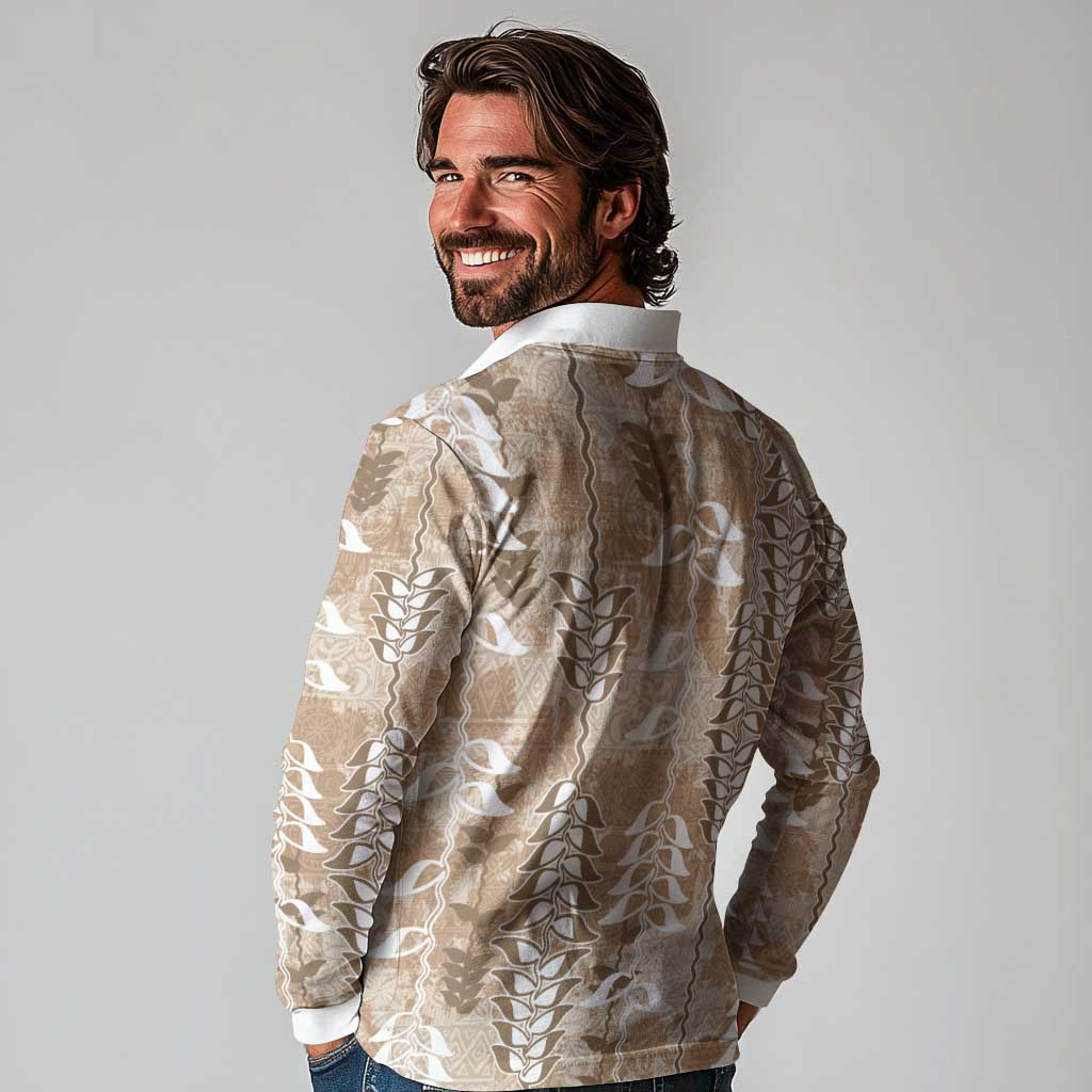 Beige Hawaii Tapa Pattern Long Sleeve Polo Shirt With Heliconia Vintage Style