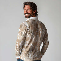 Beige Hawaii Tapa Pattern Long Sleeve Polo Shirt With Heliconia Vintage Style