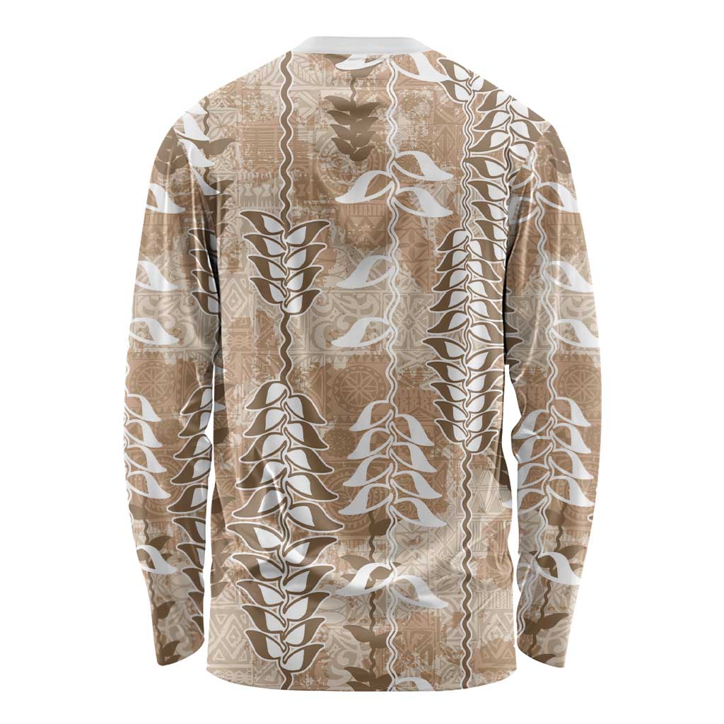 Beige Hawaii Tapa Pattern Long Sleeve Shirt With Heliconia Vintage Style