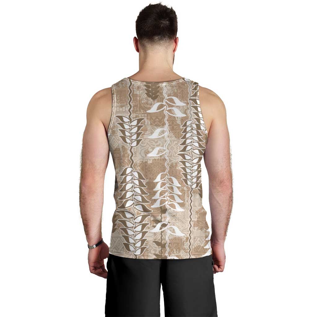 Beige Hawaii Tapa Pattern Men Tank Top With Heliconia Vintage Style