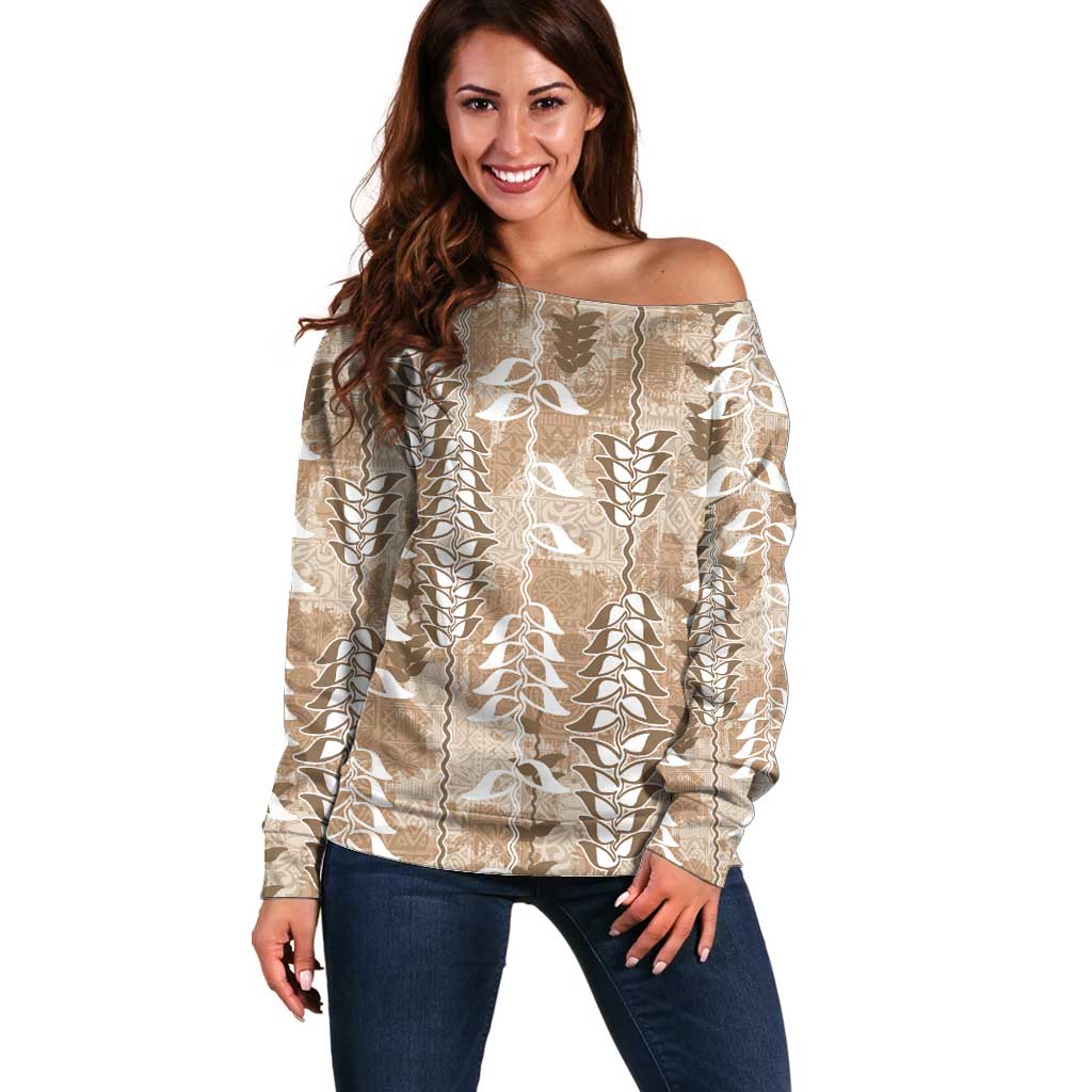 Beige Hawaii Tapa Pattern Off Shoulder Sweater With Heliconia Vintage Style