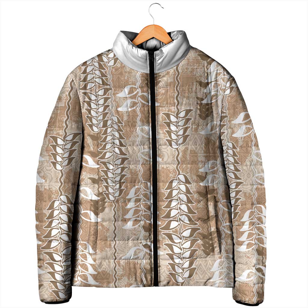 Beige Hawaii Tapa Pattern Padded Jacket With Heliconia Vintage Style