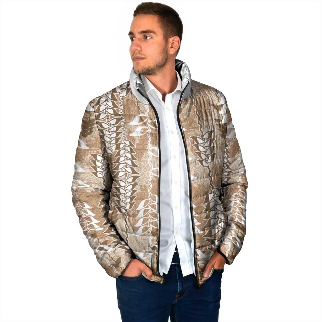 Beige Hawaii Tapa Pattern Padded Jacket With Heliconia Vintage Style