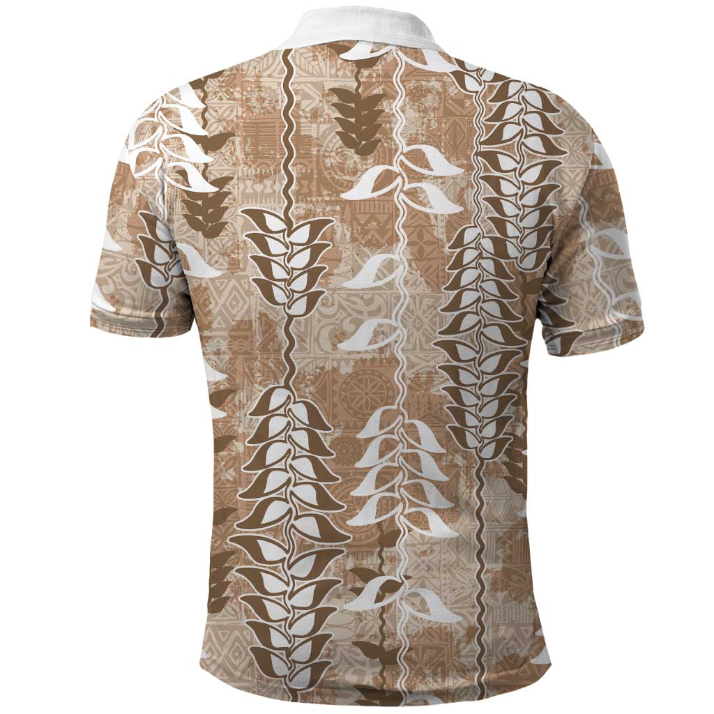 Beige Hawaii Tapa Pattern Polo Shirt With Heliconia Vintage Style