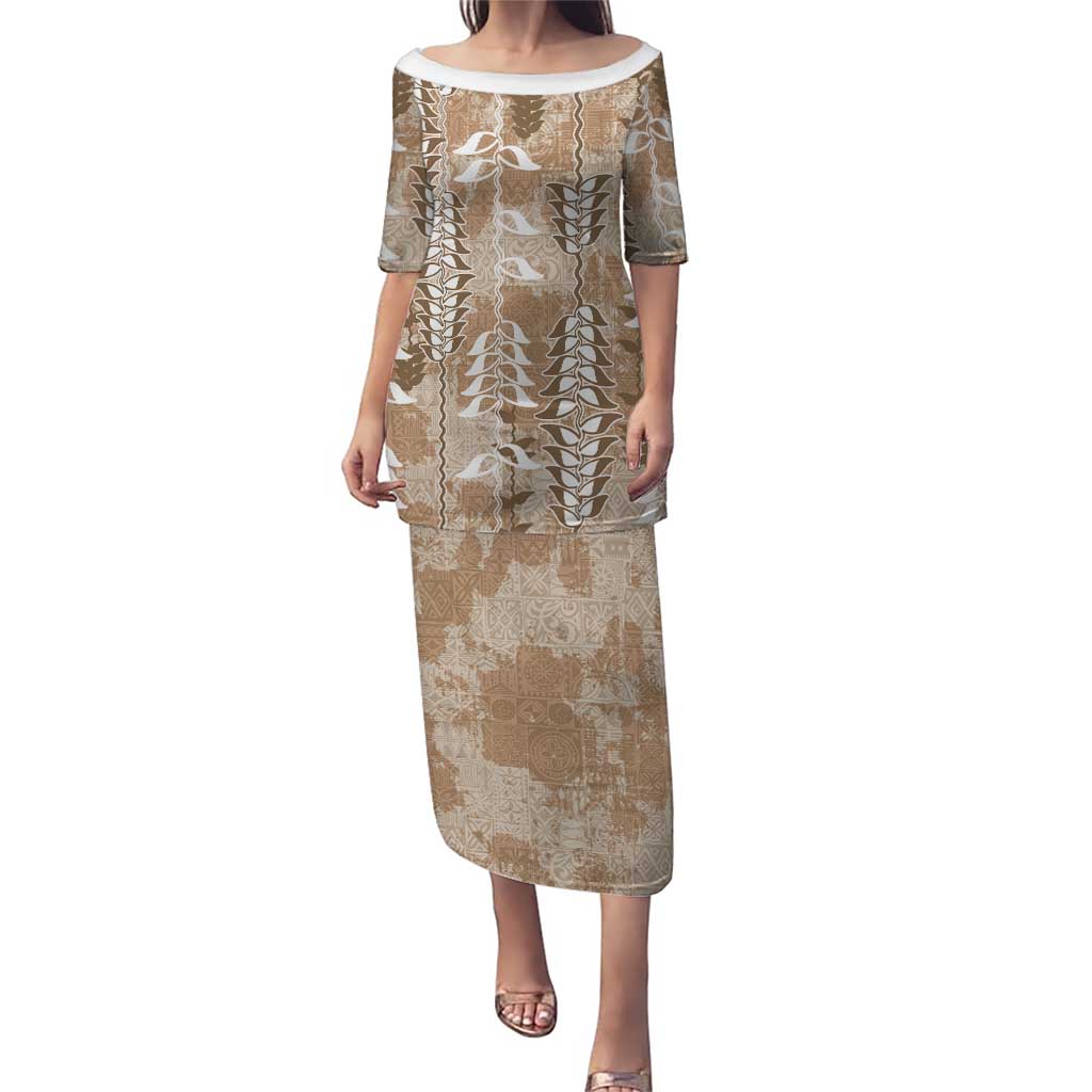 Beige Hawaii Tapa Pattern Puletasi With Heliconia Vintage Style