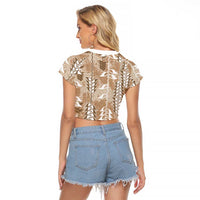 Beige Hawaii Tapa Pattern Raglan Cropped T Shirt With Heliconia Vintage Style