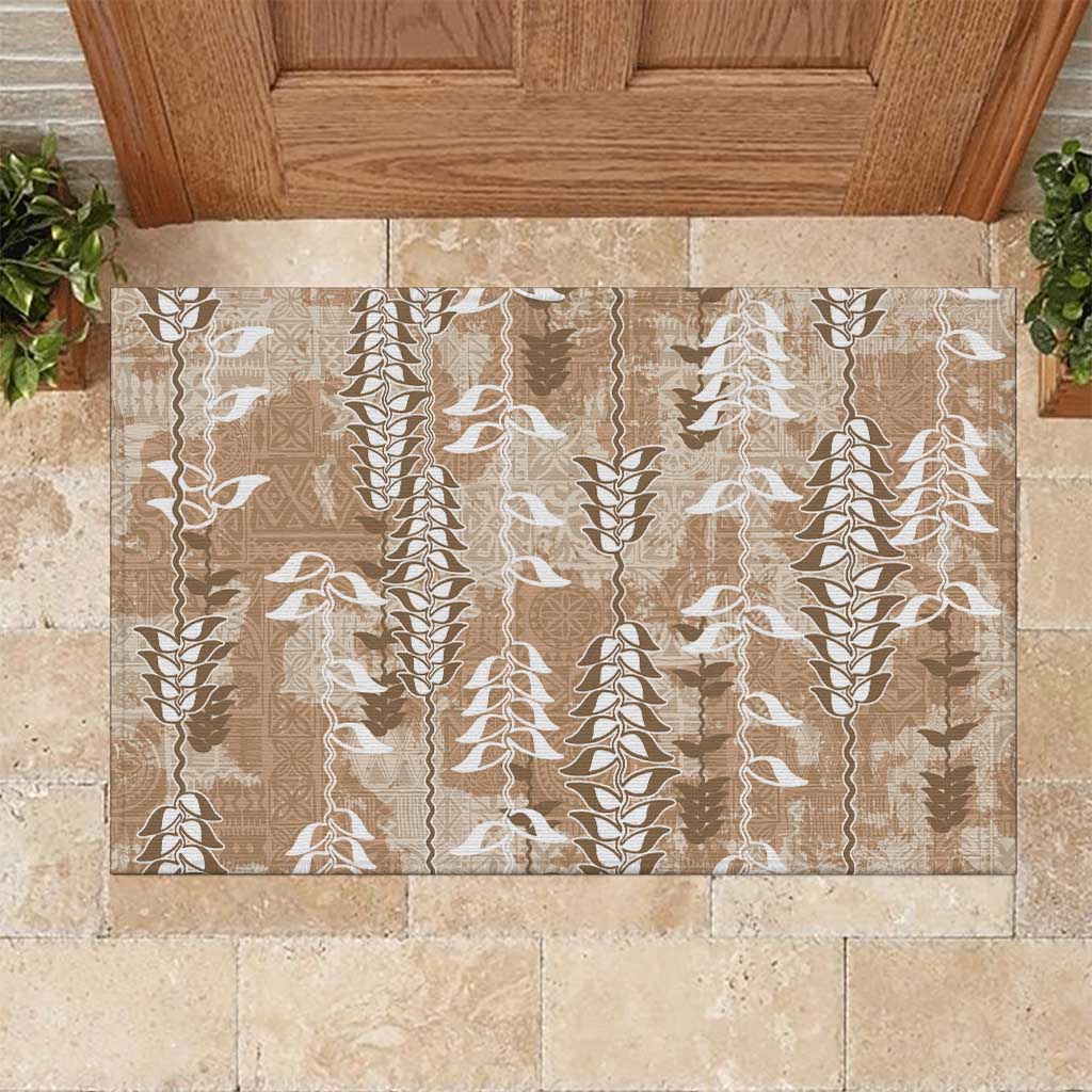 Beige Hawaii Tapa Pattern Rubber Doormat With Heliconia Vintage Style