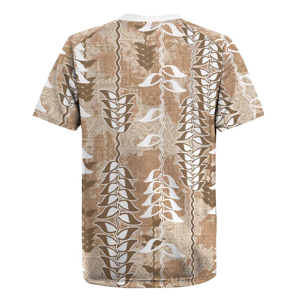 Beige Hawaii Tapa Pattern Rugby Jersey With Heliconia Vintage Style