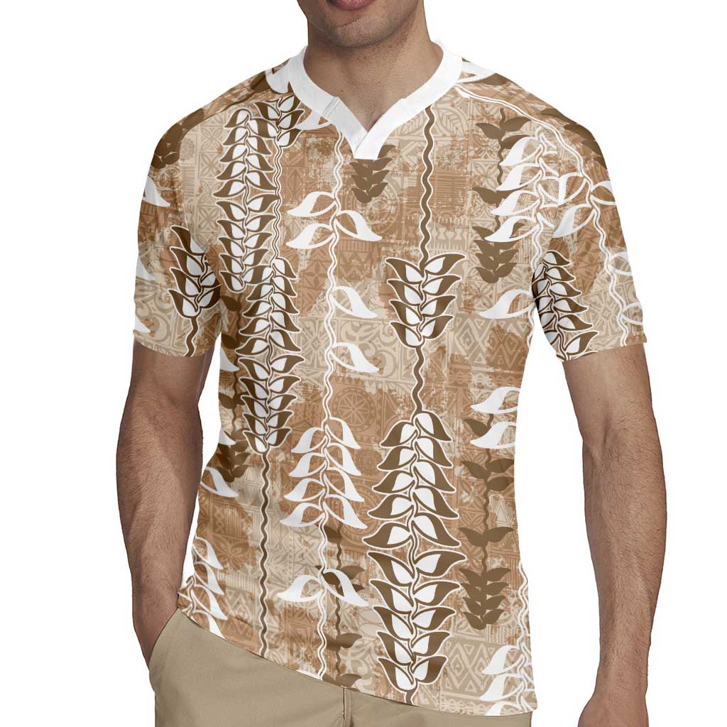 Beige Hawaii Tapa Pattern Rugby Jersey With Heliconia Vintage Style