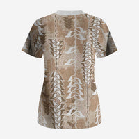 Beige Hawaii Tapa Pattern Scrub Top With Heliconia Vintage Style
