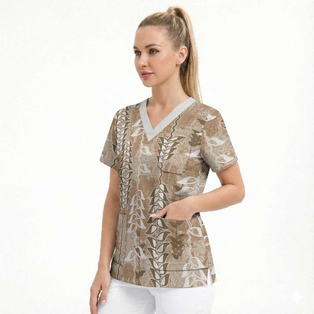 Beige Hawaii Tapa Pattern Scrub Top With Heliconia Vintage Style
