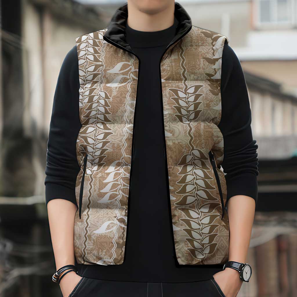 Beige Hawaii Tapa Pattern Sleeveless Puffer Jacket With Heliconia Vintage Style