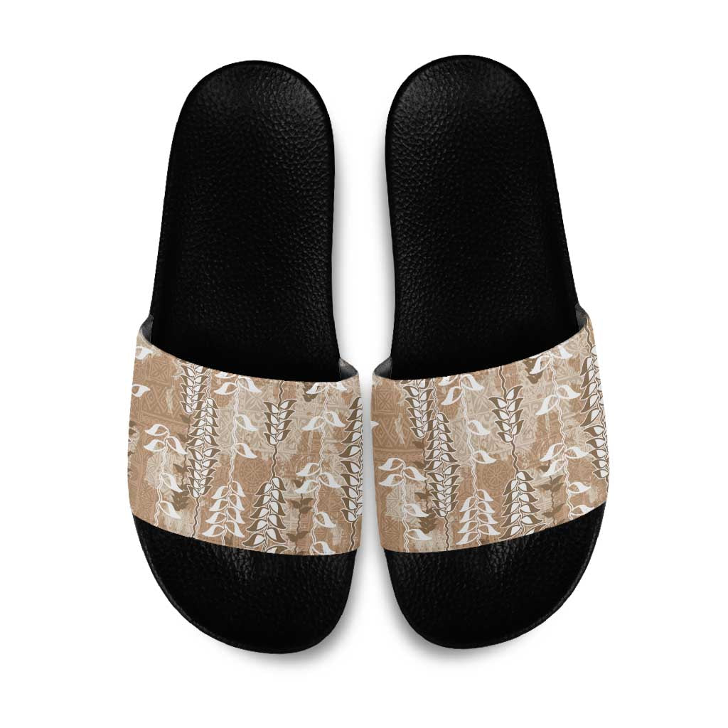 Beige Hawaii Tapa Pattern Slide Sandals With Heliconia Vintage Style