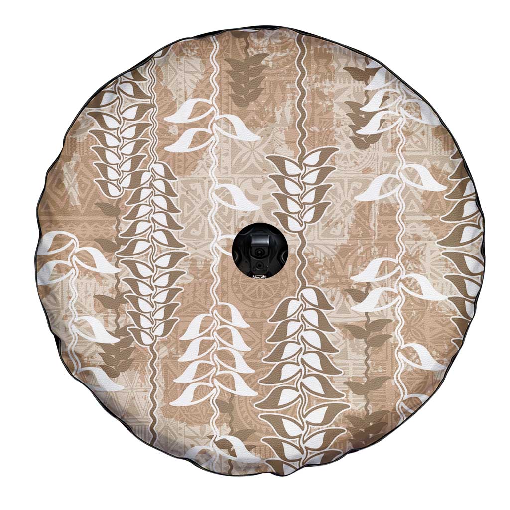 Beige Hawaii Tapa Pattern Spare Tire Cover With Heliconia Vintage Style