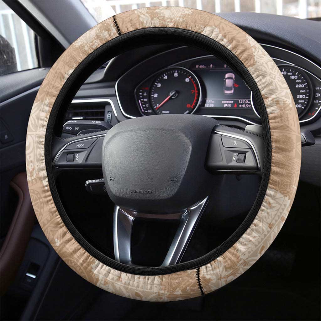 Beige Hawaii Tapa Pattern Steering Wheel Cover With Heliconia Vintage Style