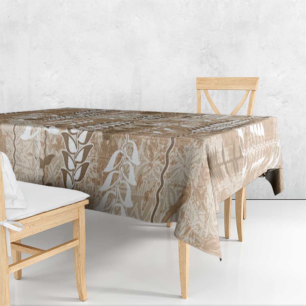 Beige Hawaii Tapa Pattern Tablecloth With Heliconia Vintage Style