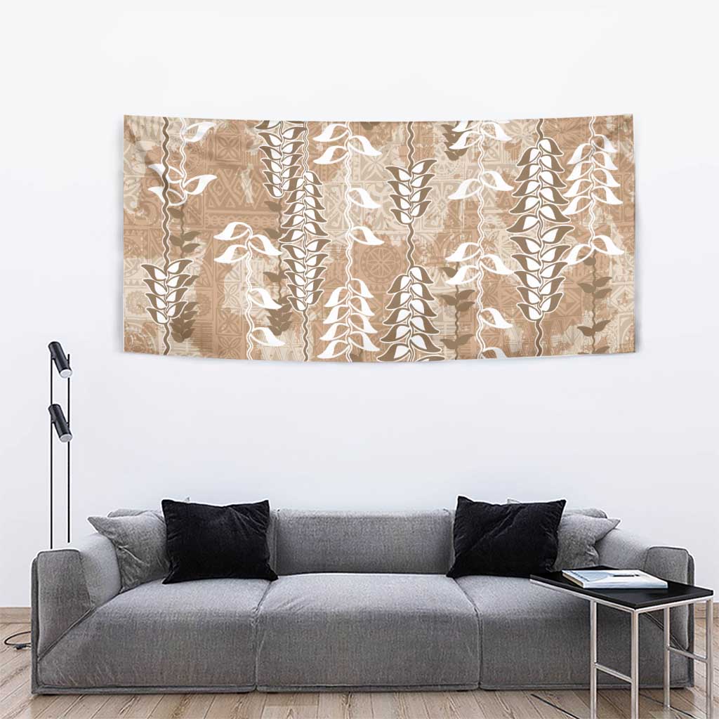 Beige Hawaii Tapa Pattern Tapestry With Heliconia Vintage Style