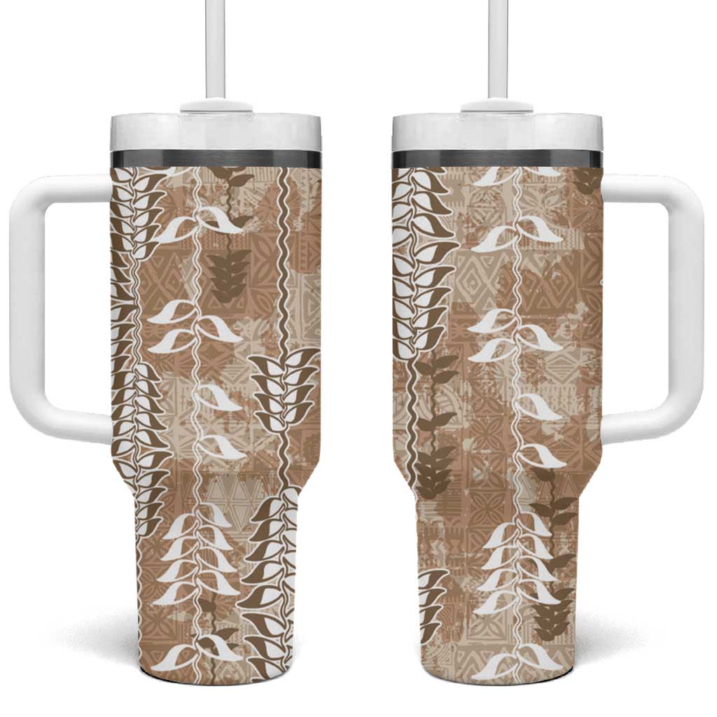 Beige Hawaii Tapa Pattern Tumbler With Handle With Heliconia Vintage Style
