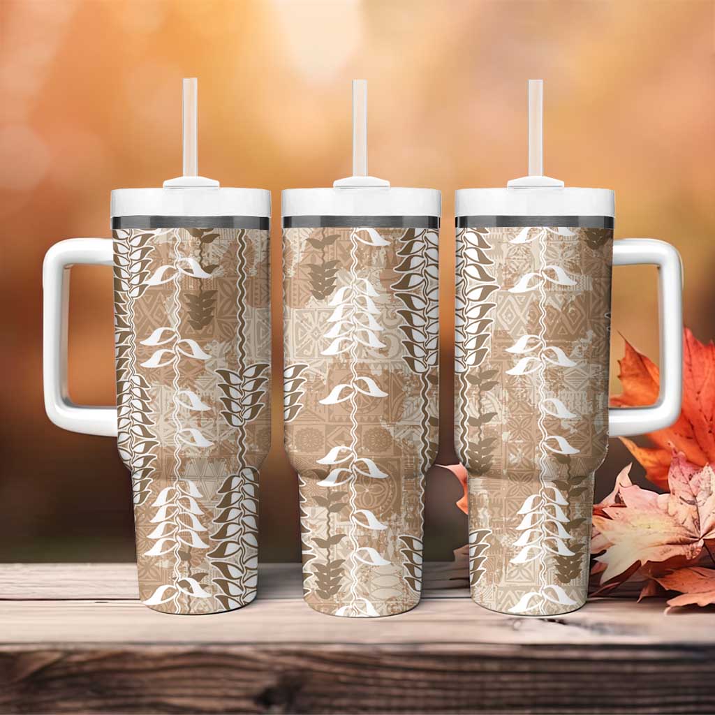Beige Hawaii Tapa Pattern Tumbler With Handle With Heliconia Vintage Style