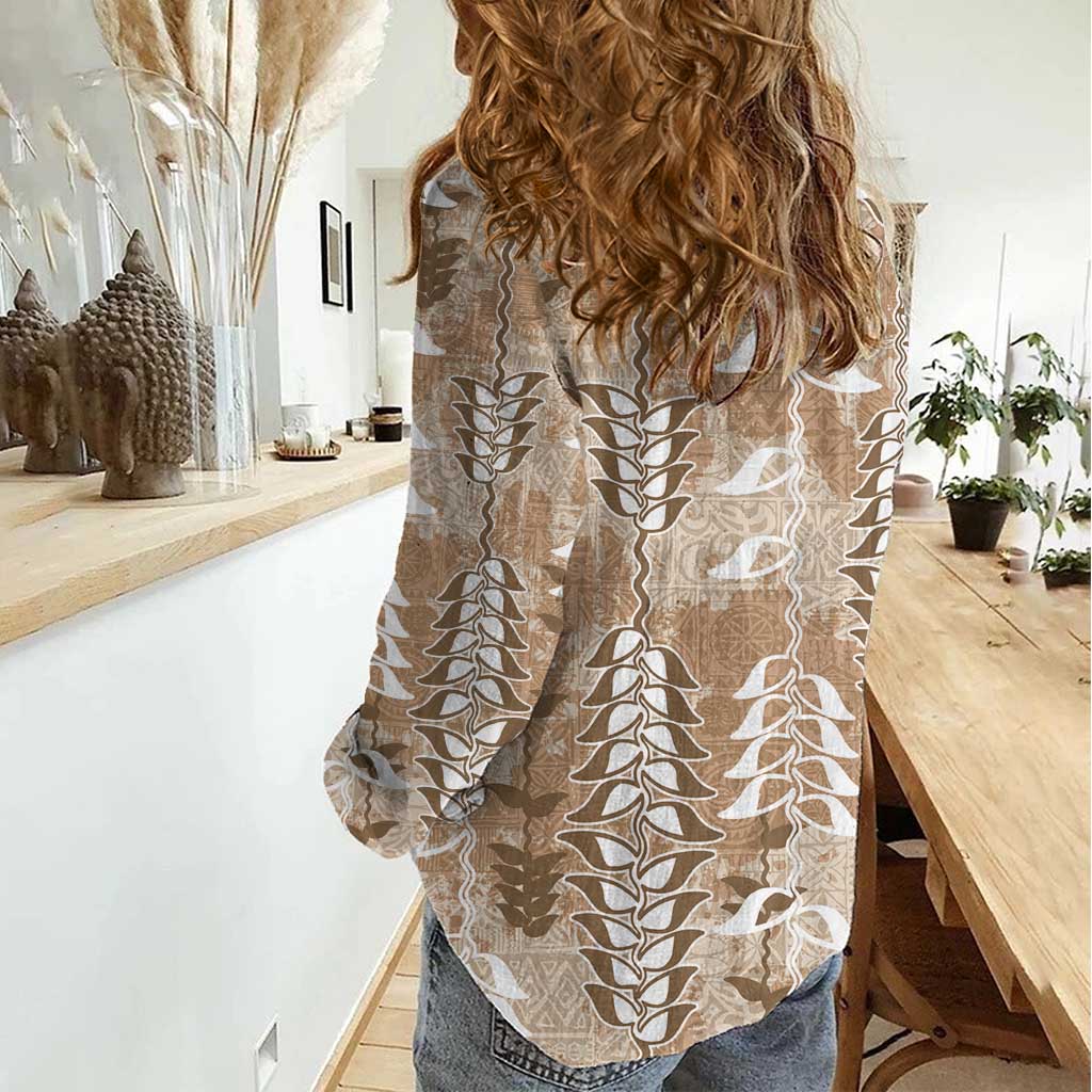 Beige Hawaii Tapa Pattern Women Casual Shirt With Heliconia Vintage Style