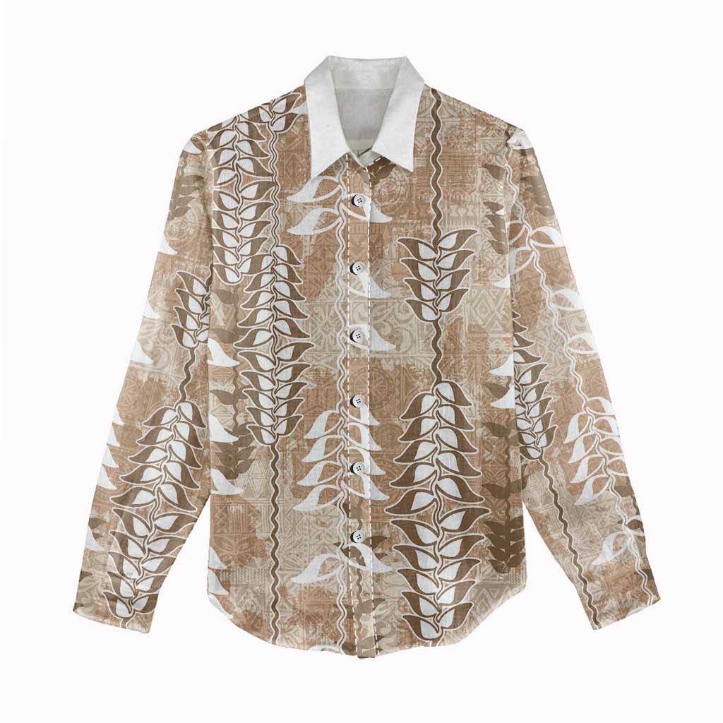 Beige Hawaii Tapa Pattern Women Casual Shirt With Heliconia Vintage Style