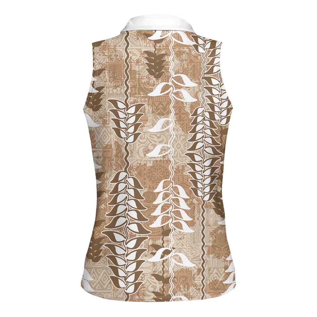 Beige Hawaii Tapa Pattern Women Sleeveless Polo Shirt With Heliconia Vintage Style