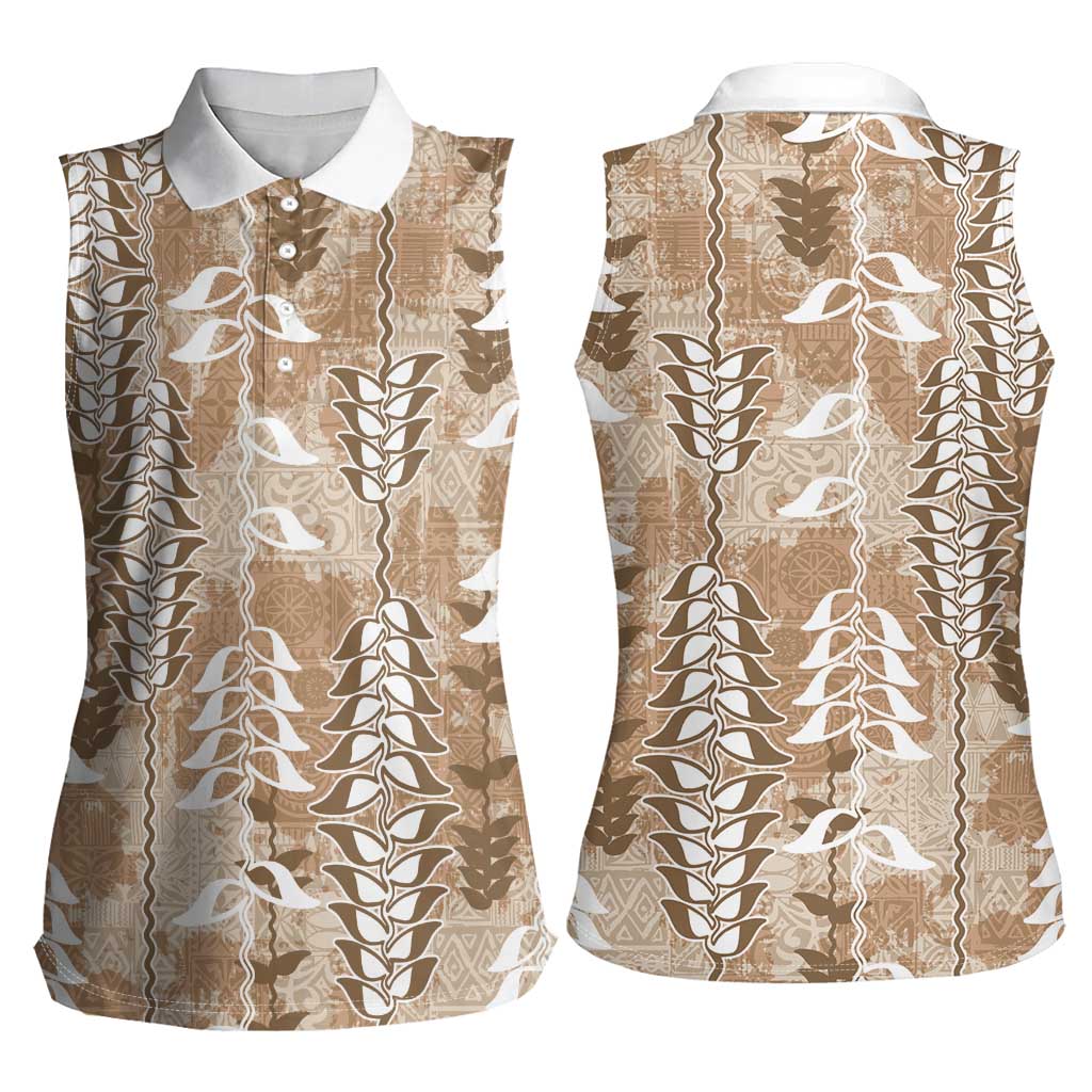Beige Hawaii Tapa Pattern Women Sleeveless Polo Shirt With Heliconia Vintage Style