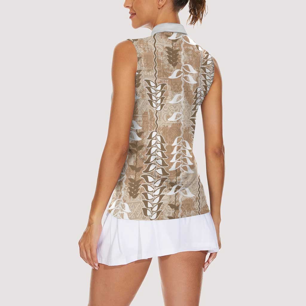 Beige Hawaii Tapa Pattern Women Sleeveless Polo Shirt With Heliconia Vintage Style
