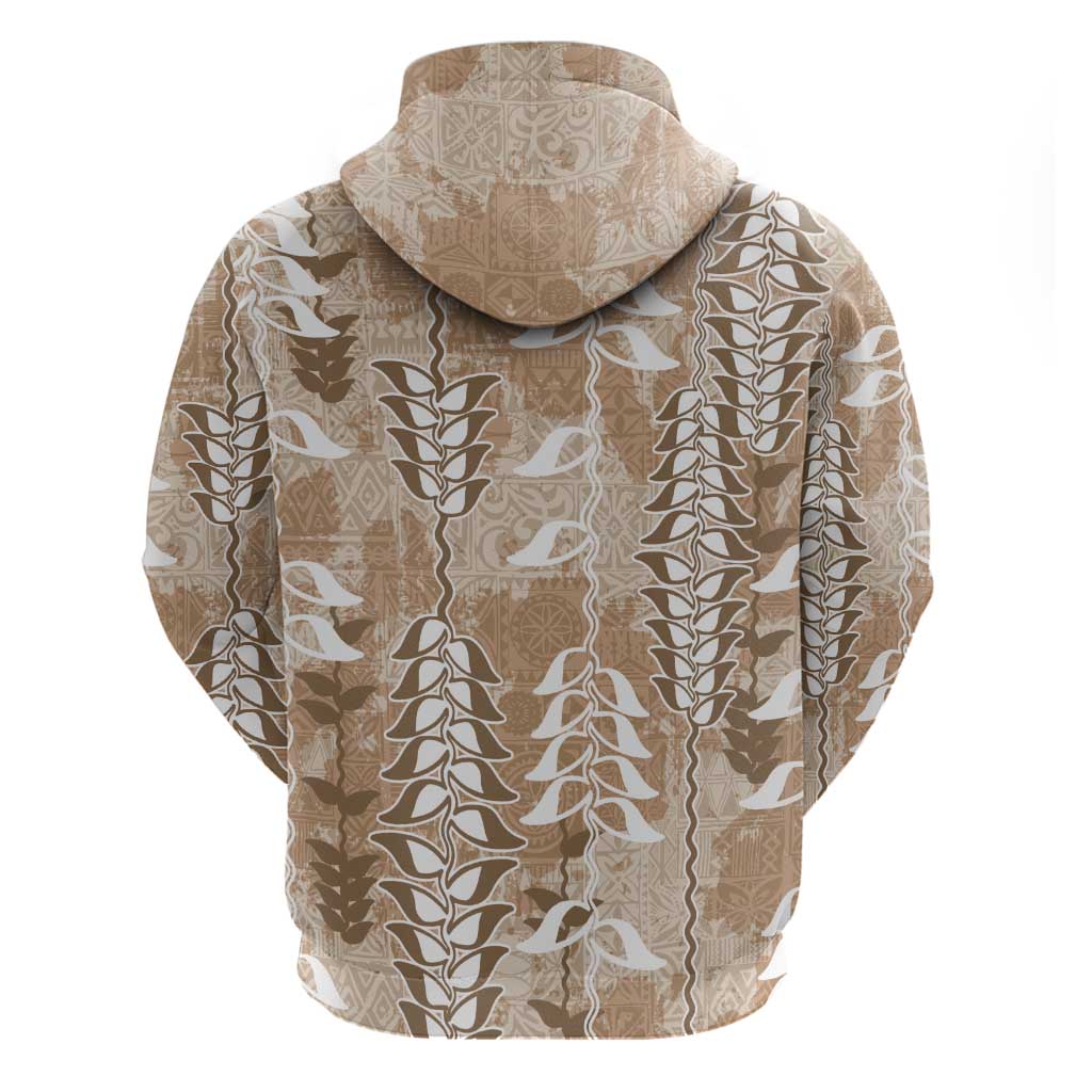 Beige Hawaii Tapa Pattern Zip Hoodie With Heliconia Vintage Style