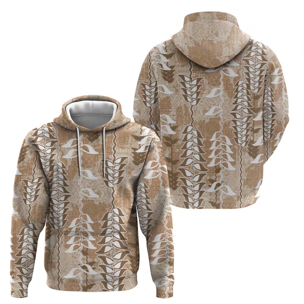 Beige Hawaii Tapa Pattern Zip Hoodie With Heliconia Vintage Style