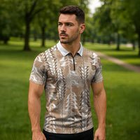 Beige Hawaii Tapa Pattern Zipper Polo Shirt With Heliconia Vintage Style