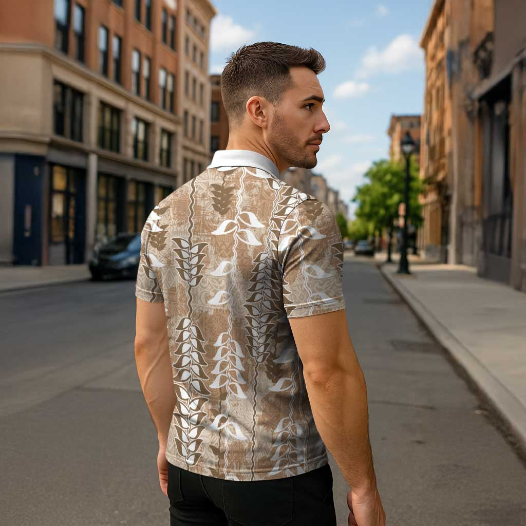 Beige Hawaii Tapa Pattern Zipper Polo Shirt With Heliconia Vintage Style