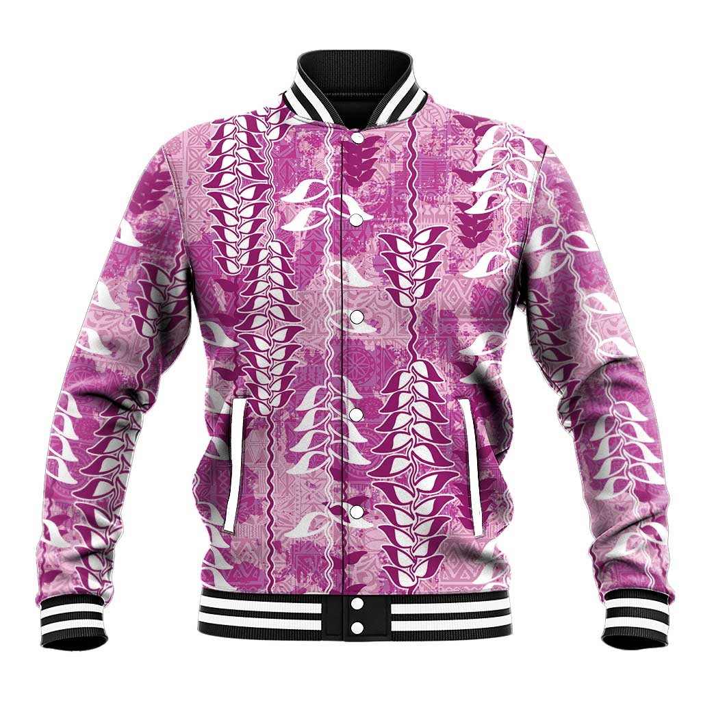 Magenta Hawaii Tapa Pattern Baseball Jacket With Heliconia Vintage Style