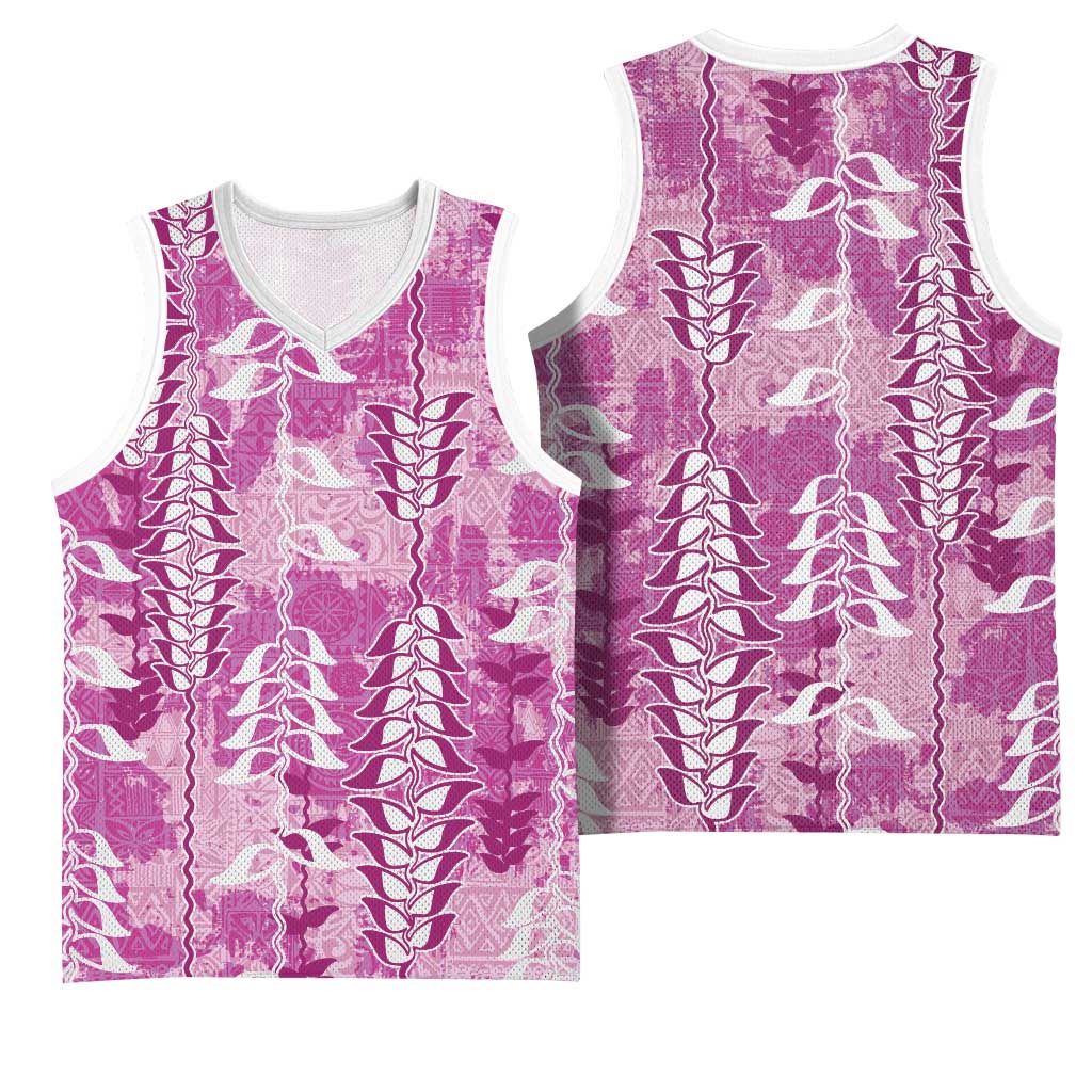 Magenta Hawaii Tapa Pattern Basketball Jersey With Heliconia Vintage Style