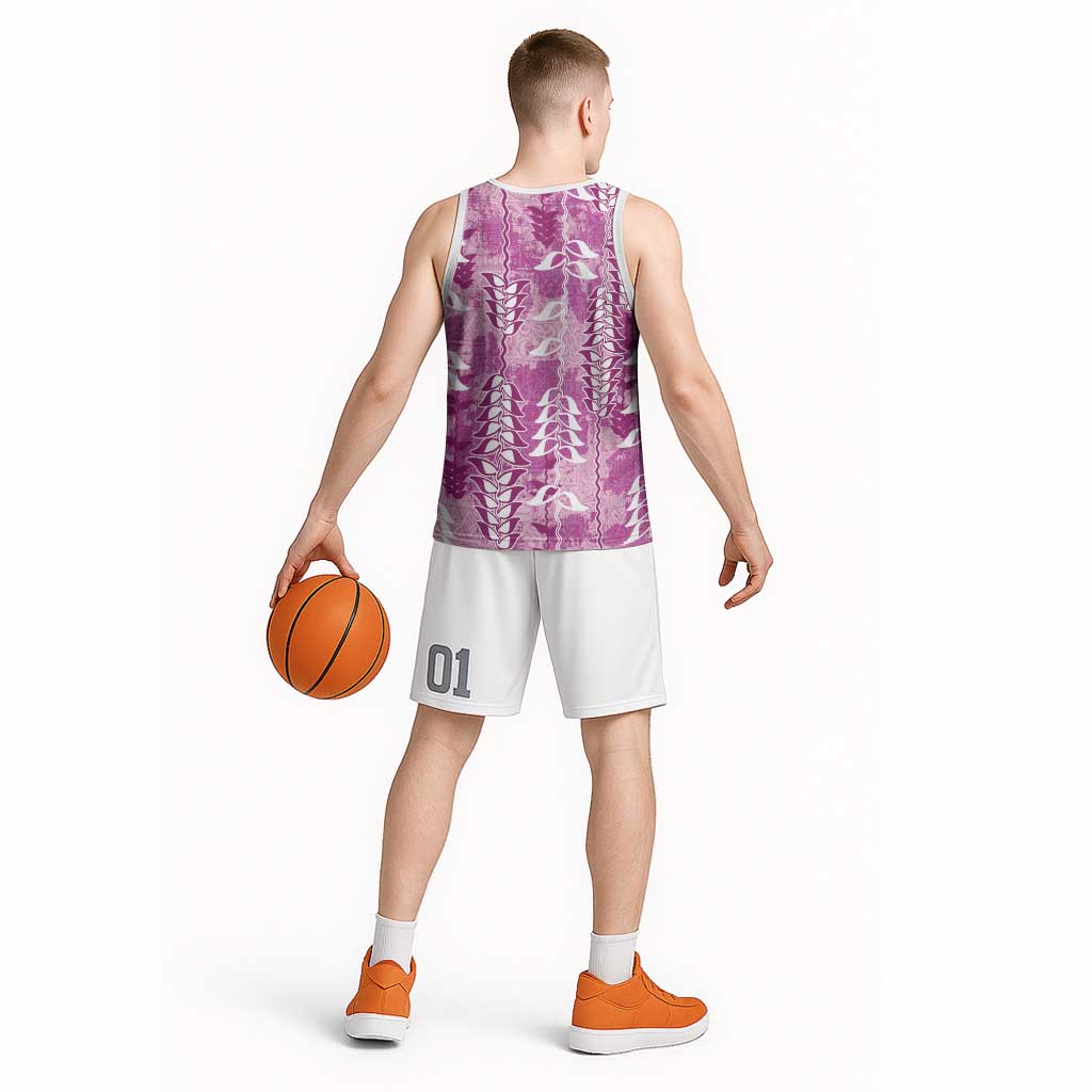 Magenta Hawaii Tapa Pattern Basketball Jersey With Heliconia Vintage Style