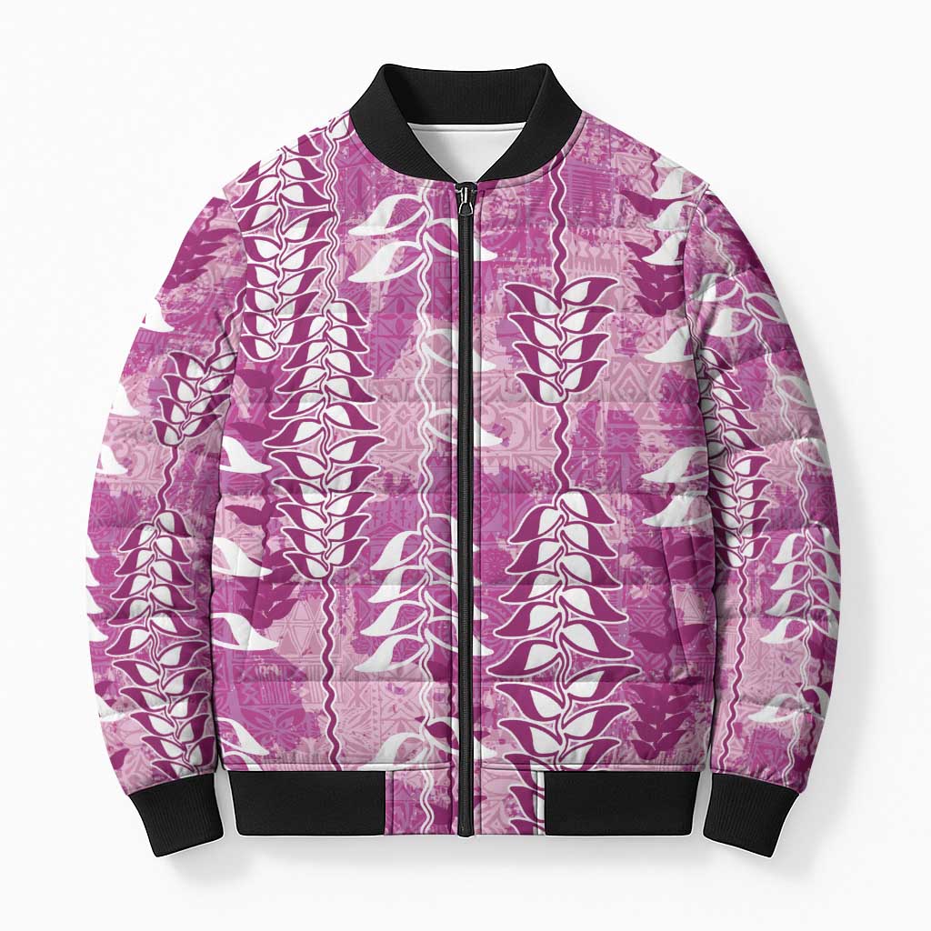 Magenta Hawaii Tapa Pattern Bomber Puffer Jacket With Heliconia Vintage Style