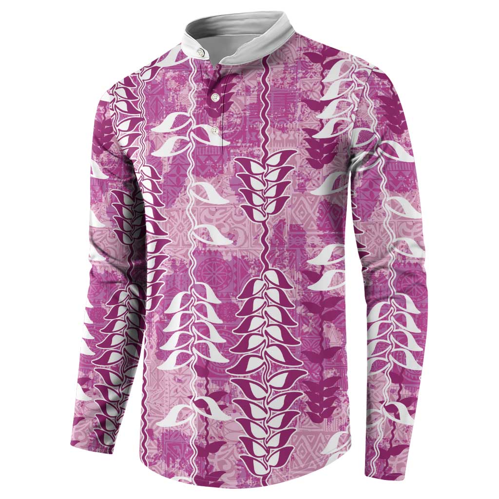 Magenta Hawaii Tapa Pattern Button Sweatshirt With Heliconia Vintage Style