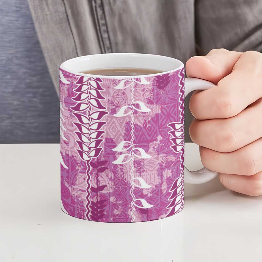 Magenta Hawaii Tapa Pattern Ceramic Mug With Heliconia Vintage Style