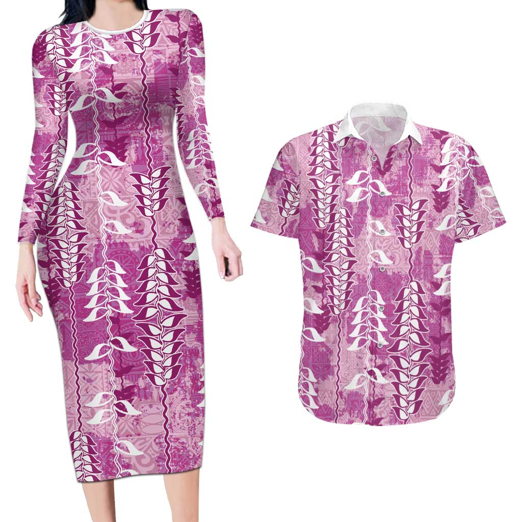 Magenta Hawaii Tapa Pattern Couples Matching Long Sleeve Bodycon Dress and Hawaiian Shirt With Heliconia Vintage Style