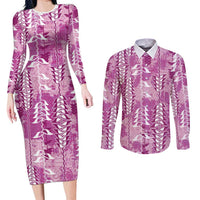 Magenta Hawaii Tapa Pattern Couples Matching Long Sleeve Bodycon Dress and Long Sleeve Button Shirt With Heliconia Vintage Style LT05 Magenta - Polynesian Pride