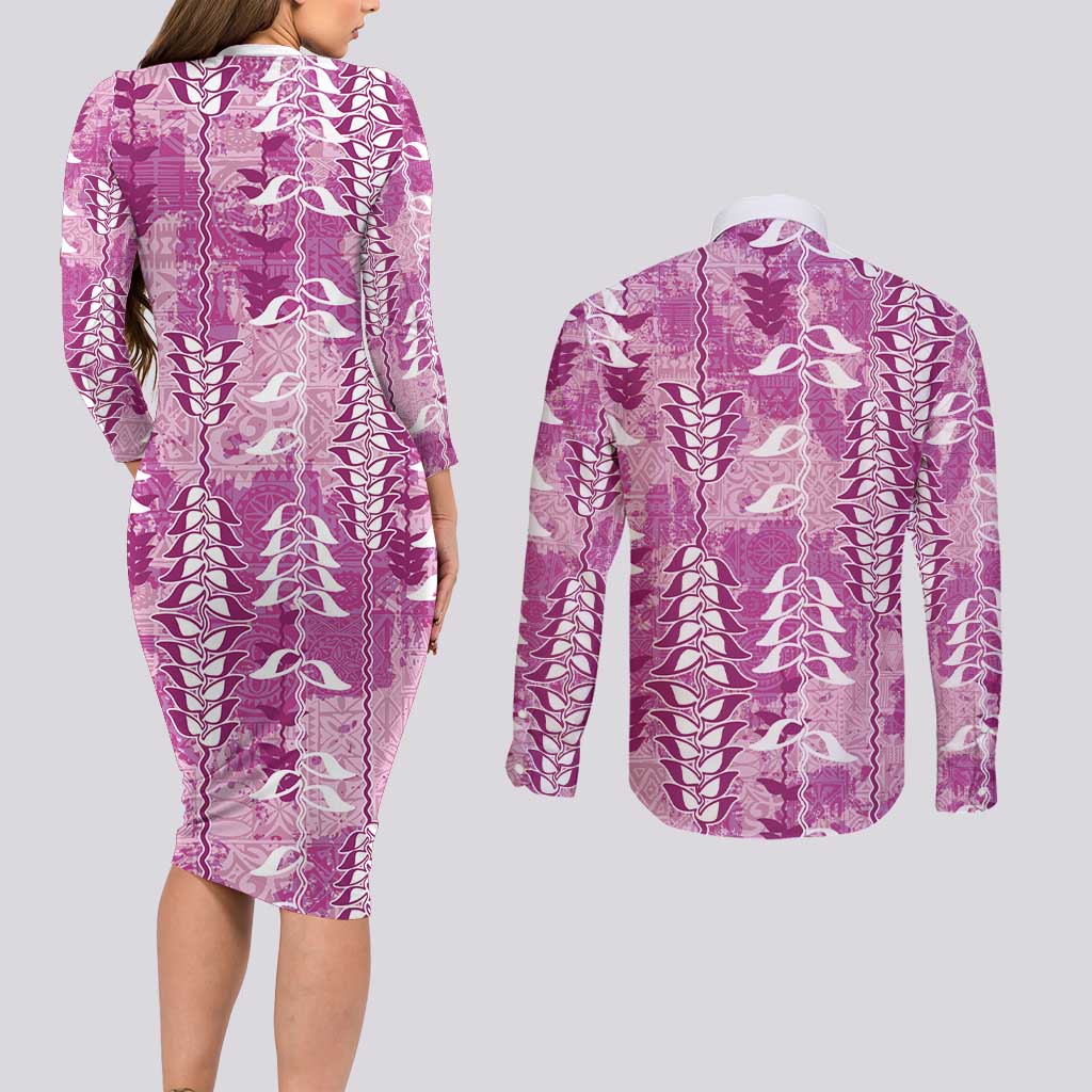 Magenta Hawaii Tapa Pattern Couples Matching Long Sleeve Bodycon Dress and Long Sleeve Button Shirt With Heliconia Vintage Style LT05 - Polynesian Pride