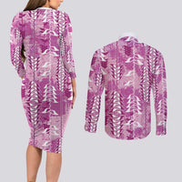 Magenta Hawaii Tapa Pattern Couples Matching Long Sleeve Bodycon Dress and Long Sleeve Button Shirt With Heliconia Vintage Style LT05 - Polynesian Pride